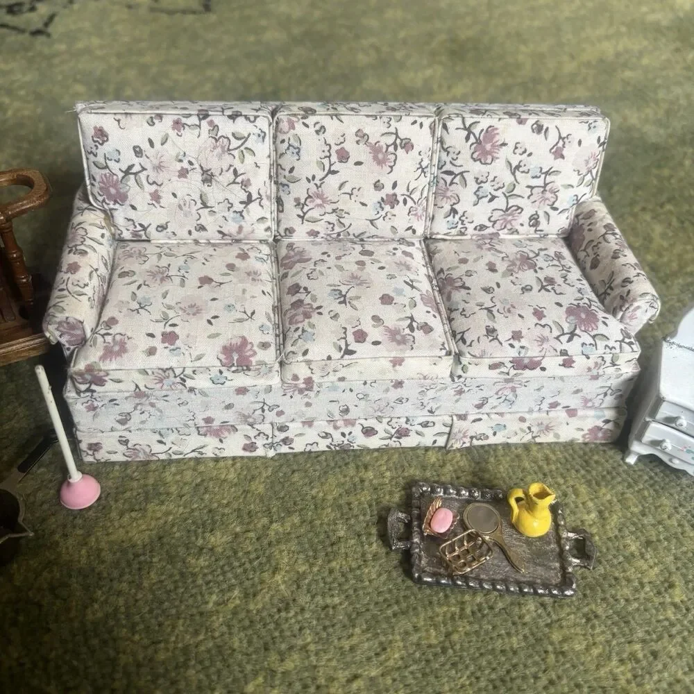 Vtg 80s Miniature Floral Sofa Dollhouse Furniture Taiwan Cottagecore 11:12 LOT